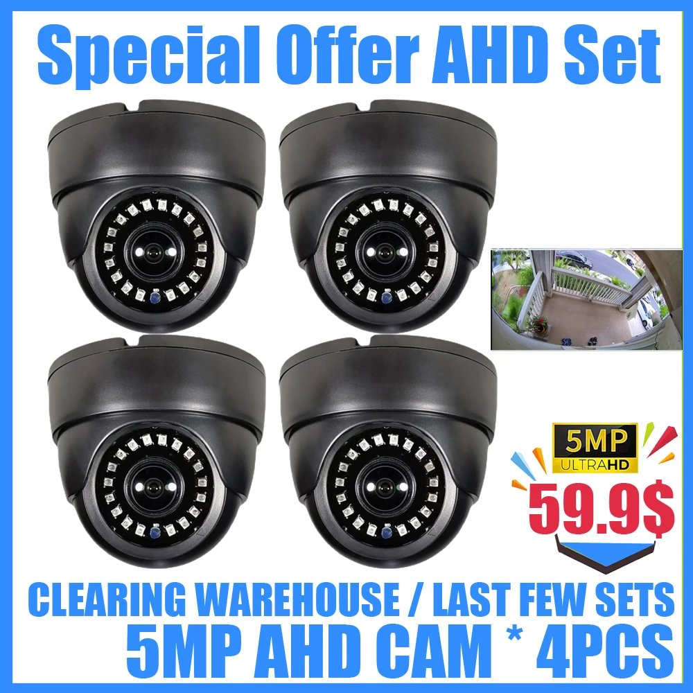 4PCS Suit 1.7mm Fisheye 160° 5MP 4CH CCTV System AHD Panoramic Dome Camera KIT 4in1 4MP 5M-N OSD Menu Home Indoor Security set