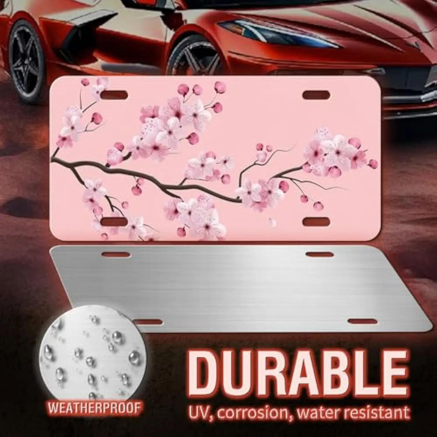 Pink Cherry Blossom Branch License Plate Aluminum Metal Decorative Vanity Tag Cover for Cars