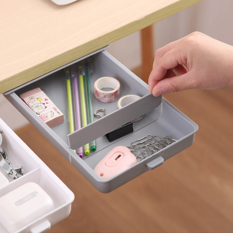 Under Table Drawer Hidden Tray Office Desk Stationery Storage Box Pen Storage Organizer Punch Free Storage Drawer Saving Space