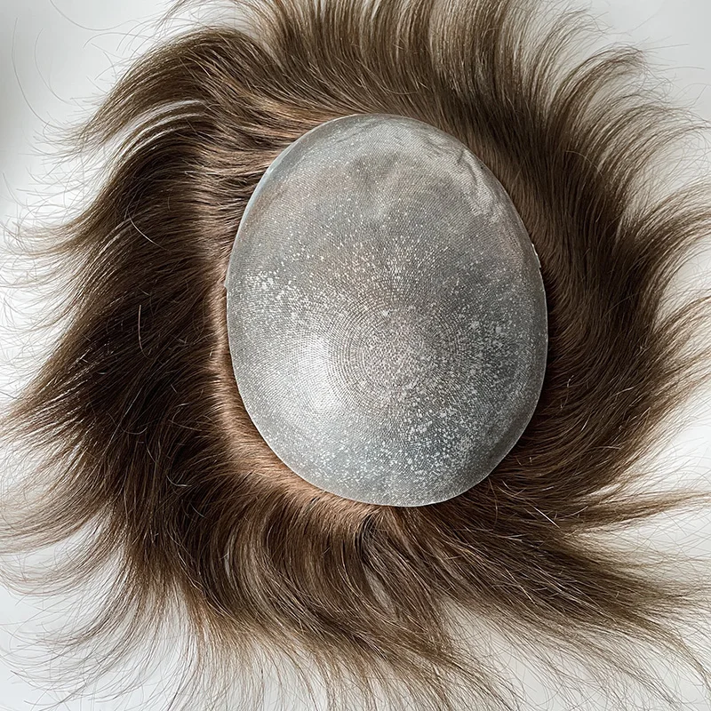 

Top Quality Indian 100% Human Hair Virgin Replacement System Cuticle Straight Thin Skin Injection 4# Brown PU Toupee for Men