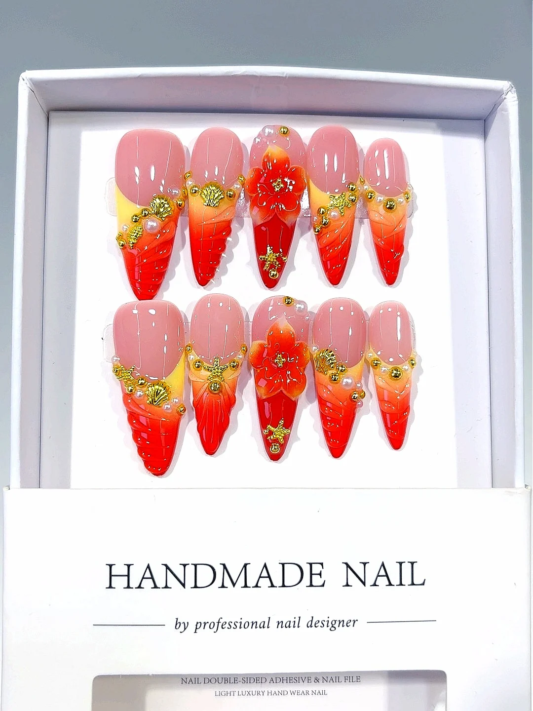 أحمر برتقالي أومبير ثلاثية الأبعاد زهرة نجم البحر شل الذهب لهجة اللوز الصحافة على الأظافر ، مجموعة الأظافر كاذبة اليدوية للنساء (D573)