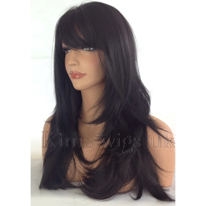 FULL LONG WOMENS LADIES FASHION HAIR WIG BLACK/DARK BROWN HEAT RESISTANT UK