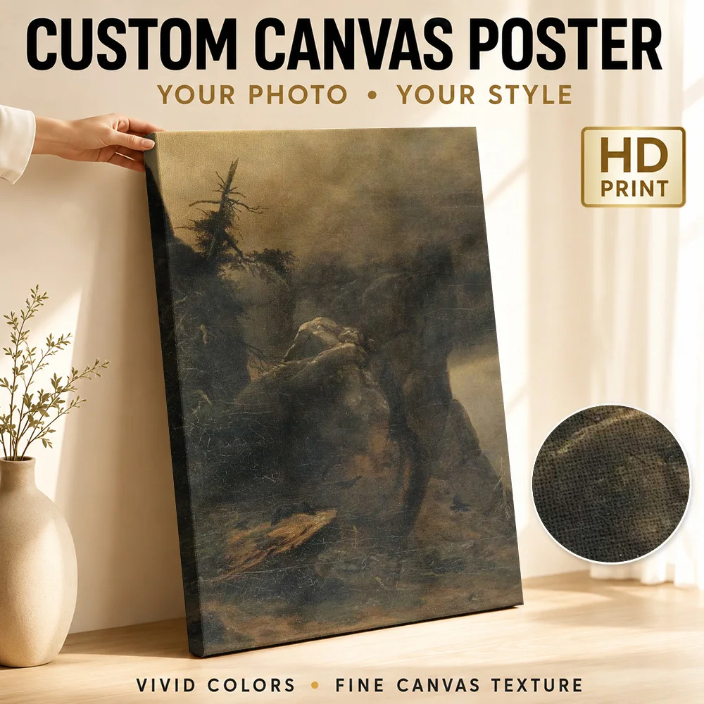 Gloomy Mountain Landscape With Birds Canvas Poster Customized Photo Detailed Painterly Composition Wall Art For Sitting Room