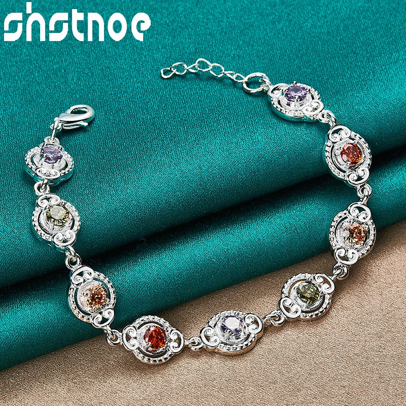 SHSTONE 925 Sterling Silver Multicolor AAA Zircon Chain Charm Bracelet For Women Party Valentine\'s Day Gift Lady Fashion Jewelry