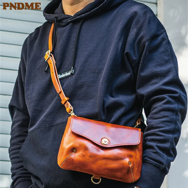 

PNDME fashion luxury daily natural genuine leather men's messenger bag outdoor leisure pure real cowhide small shoulder bag