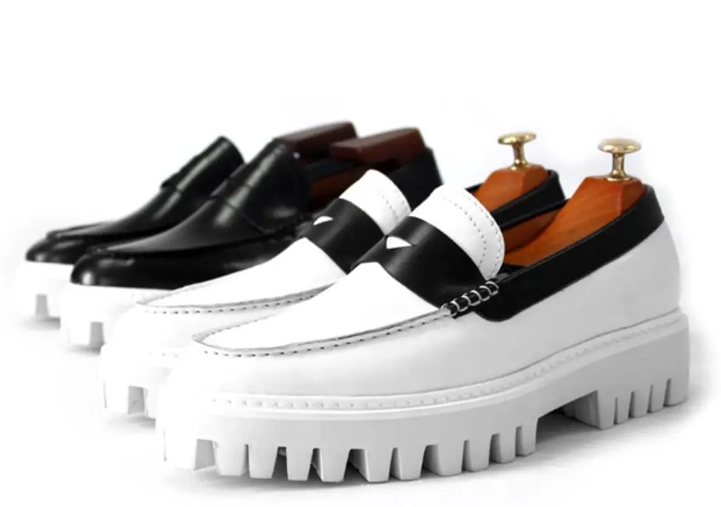 2023 White Black Platform Shoes for men Fashion Thick heel Cow Leather Slip on Driving Loafers Mens Boats