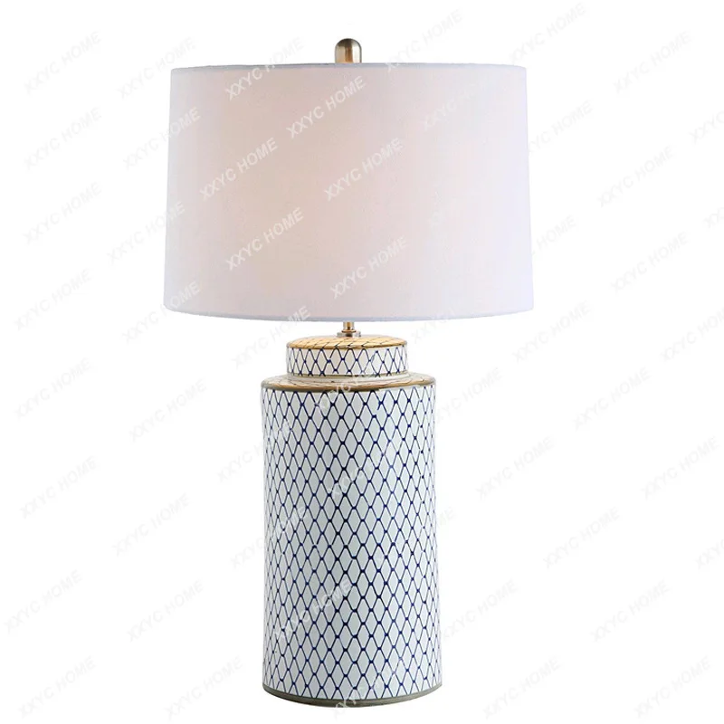 

LX simple blue grid ceramic desk lamp Chinese model store home living room study bedroom bedside decorative lamp