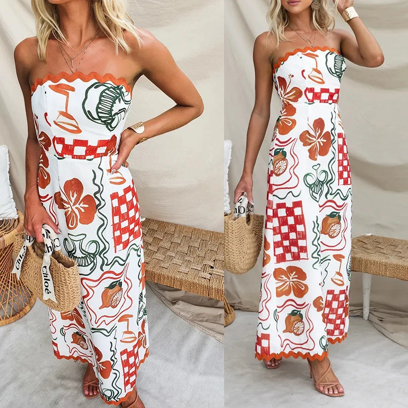 

Women Summer Dress Sexy Off Shoulder Sleeveless Print Bodycon Holiday Party Club Dress 2024