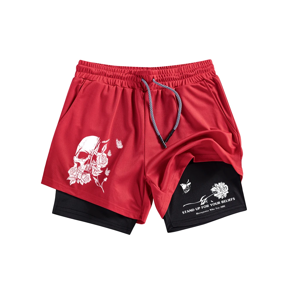 

Men's 2 In 1 Double Layer Printed Shorts Summer Sports Fitness Drawstring Shorts With Inner Cell Phone Pocket Beach Shorts