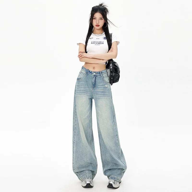 

Tall Person Retro American Light Blue Crease Jeans Women's Spring Summer Washed Straight-leg Drappy Wide-leg Floor-length Pants