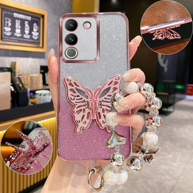 

Y200 Y300 Glitter Plating Butterfly Holder Silicone Case for Vivo Y200 Y300 Y100 Y77 Y77e Y76s Y78 Shockproof Cover Girls Gift