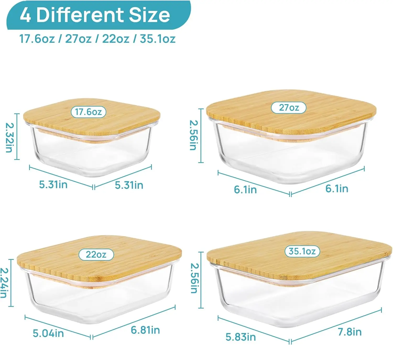 حاويات تخزين الطعام الزجاجية مع أغطية من الخيزران، 4 عبوات من حاويات زجاجية لإعداد الوجبات آمنة للميكروويف والفرن والفريزر