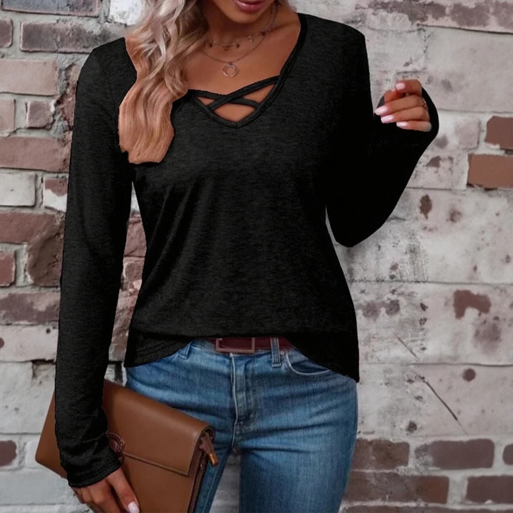 

Autumn T-Shirts 2025 Women's Casual Plain Long Sleeve V-Neck Cross Straps Fitting Slim Basics T-Shirts
