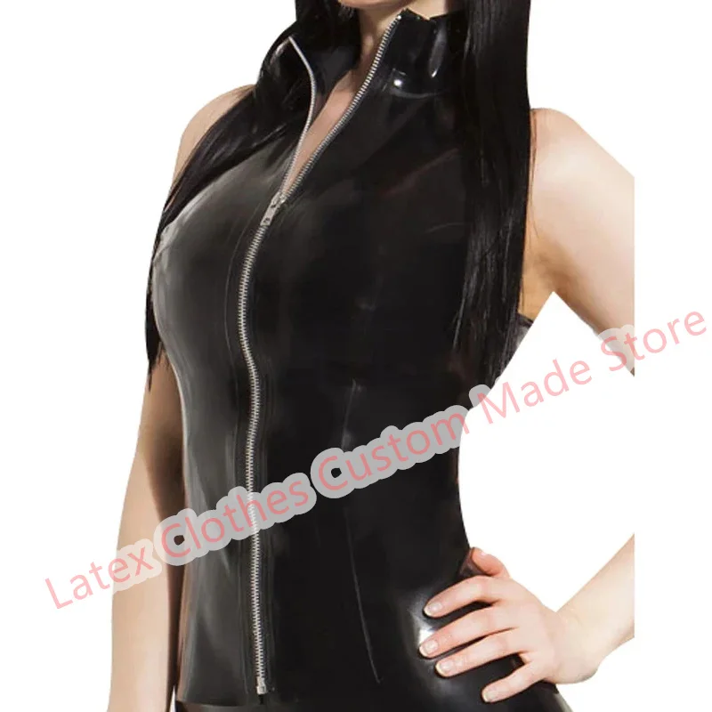 

Handmade Latex Vest Top Rubber Suit Sexy Lingerie for Women Cosplay Costumes Front Zip Black