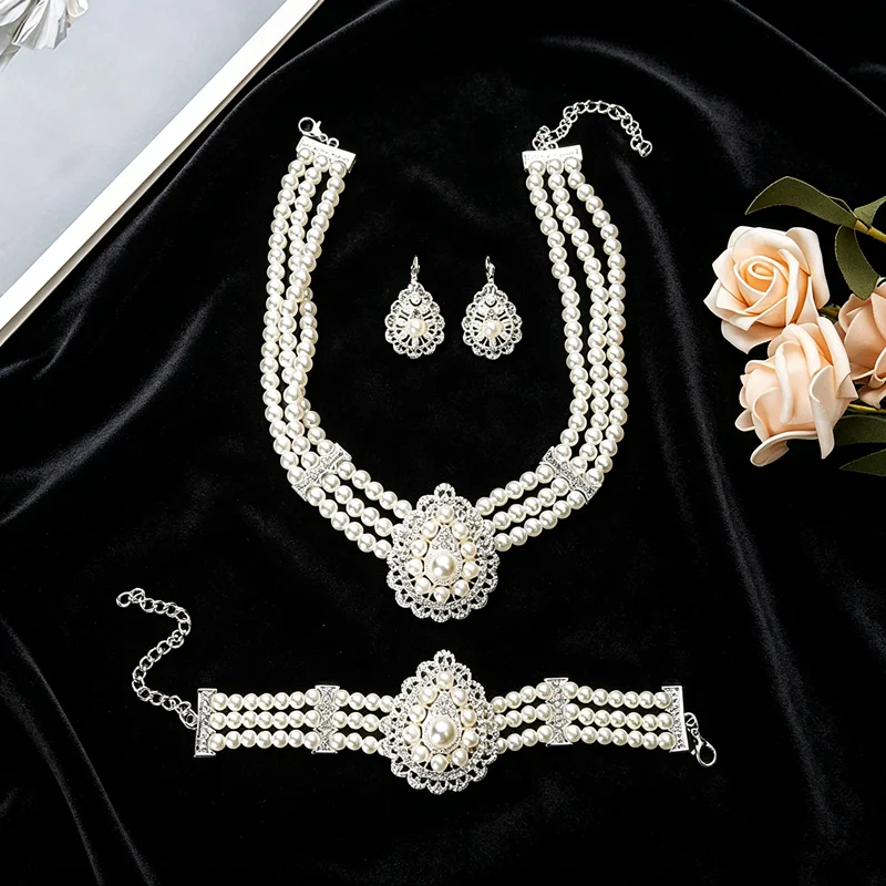 

Wedding Party Dress Pearl Necklace Handmade Beaded Water Drop Pendant Necklace Bracelet Earrings