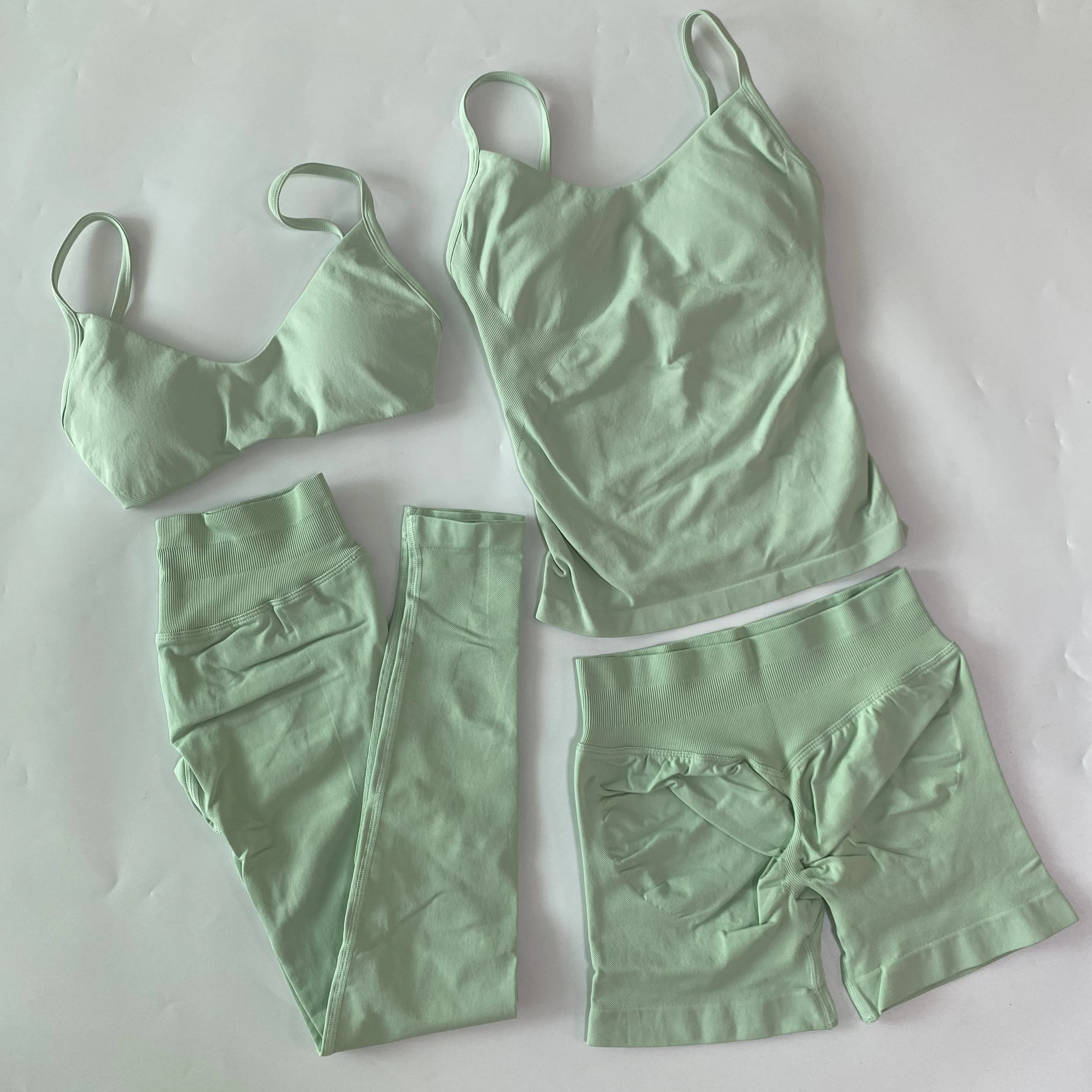 4 Pieces Workout Set Women Scoop Neck Top Sports Bra High Waist Fitness Shorts Yoga Leggings Gym Set Outfits Clothes Sportswear