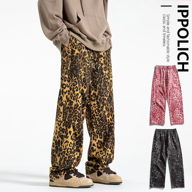 Leopard Print Trousers Man Casual Denim Trousers Streetwear Hip Hop Vintage Loose Wide Leg Trouser Trend Men's Paratrooper Pants