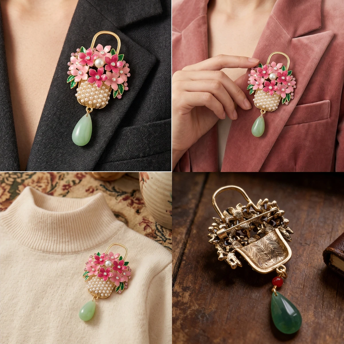 Fashionable pearl flower basket shaped pin accessory, elegant clothing embellished with Chinese style flower brooch