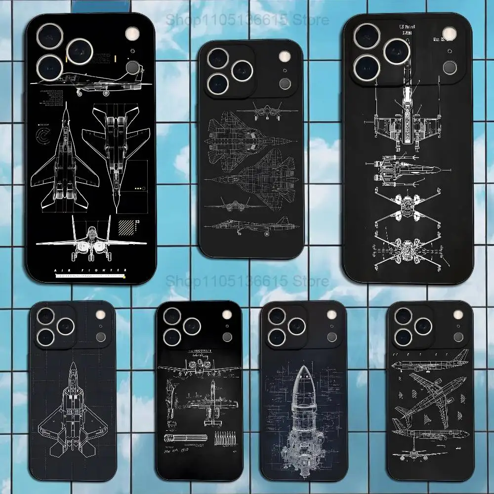 

Blueprints Planes Aircraft Phone Case For iPhone 17,16,15,14,13,12,11 Plus,Pro Max,XS,X,XR,SE,Mini,8,7,Soft Silicone Black Cover