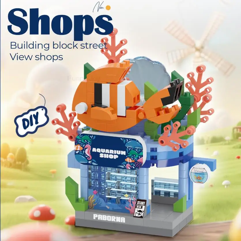 Grappige bibliotheek Snoepwinkel Dierenwinkel Brood Straatzicht Koffieshop Stad Miniatuur Kleine bouwstenen Ornamenten Winkel DIY Speelgoed