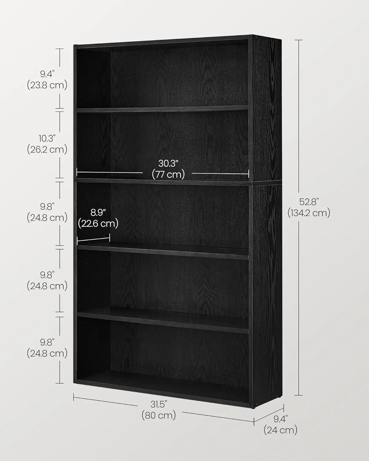 VASAGLE Bookshelf, 31.5 Inches Wide, 5-Tier Open Bookcase with Adjustable Storage Shelves, Floor Standing Unit, Ebony Black