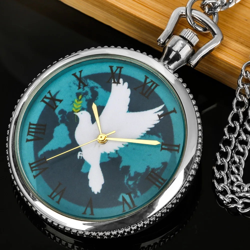 Reloj de bolsillo con colgante de cara abierta para hombre, mujer y niño, pulsera con esfera redonda de paloma de la paz, collar de cuarzo plateado, Vintage, elegante, regalos