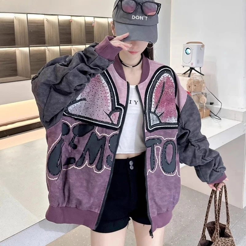 

Mickey Mouse Oversized Denim Jacket - Sequin Panel High-End Chic Cartoon Top | Age-Reducing Hip-Hop Streetwear Trendy Outerwear