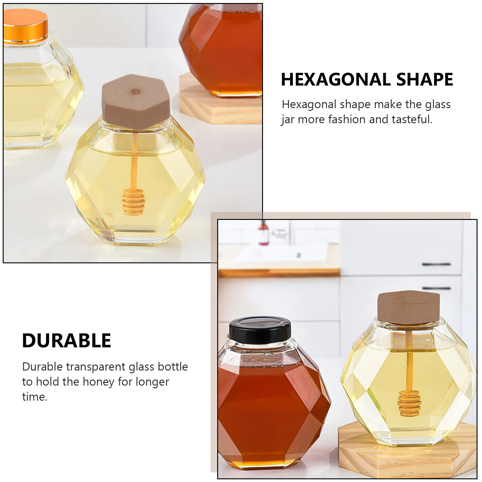 

2pcs Honey Pot Stirring Rod Clear Glass Jars with Lid Hexagonal Shape Bee Bottle Transparent Storage Container