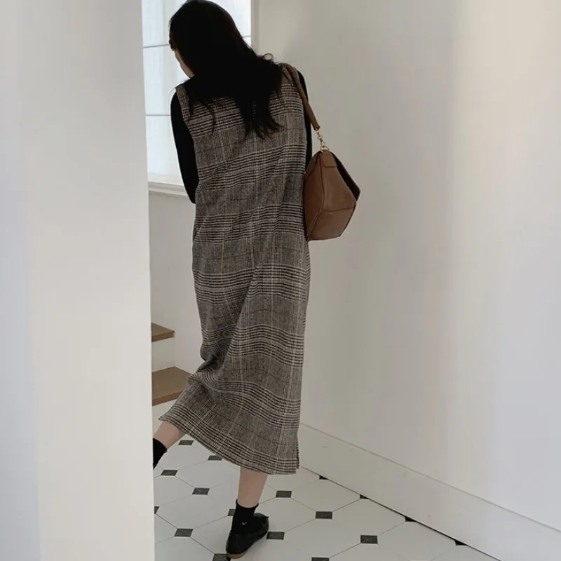 Chic Herbst Winter frauen Dr V-Ne Lose Dünne Gerade Beiläufige Lange Plaid Woolen Weste Langen Rock Ci pendeln Sle H-ape