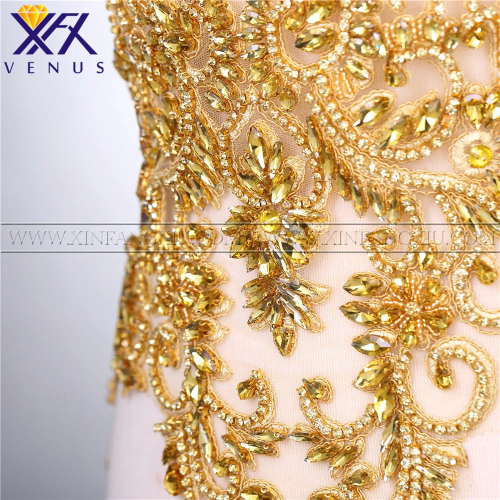 Imagem -05 - Xfx Venus Peça Sólido Ouro Cristal Applique Frisado Strass Remendo Vestido Embelezamento Faça Você Mesmo Vestido Guarnição para Vestido de Festa de Noiva