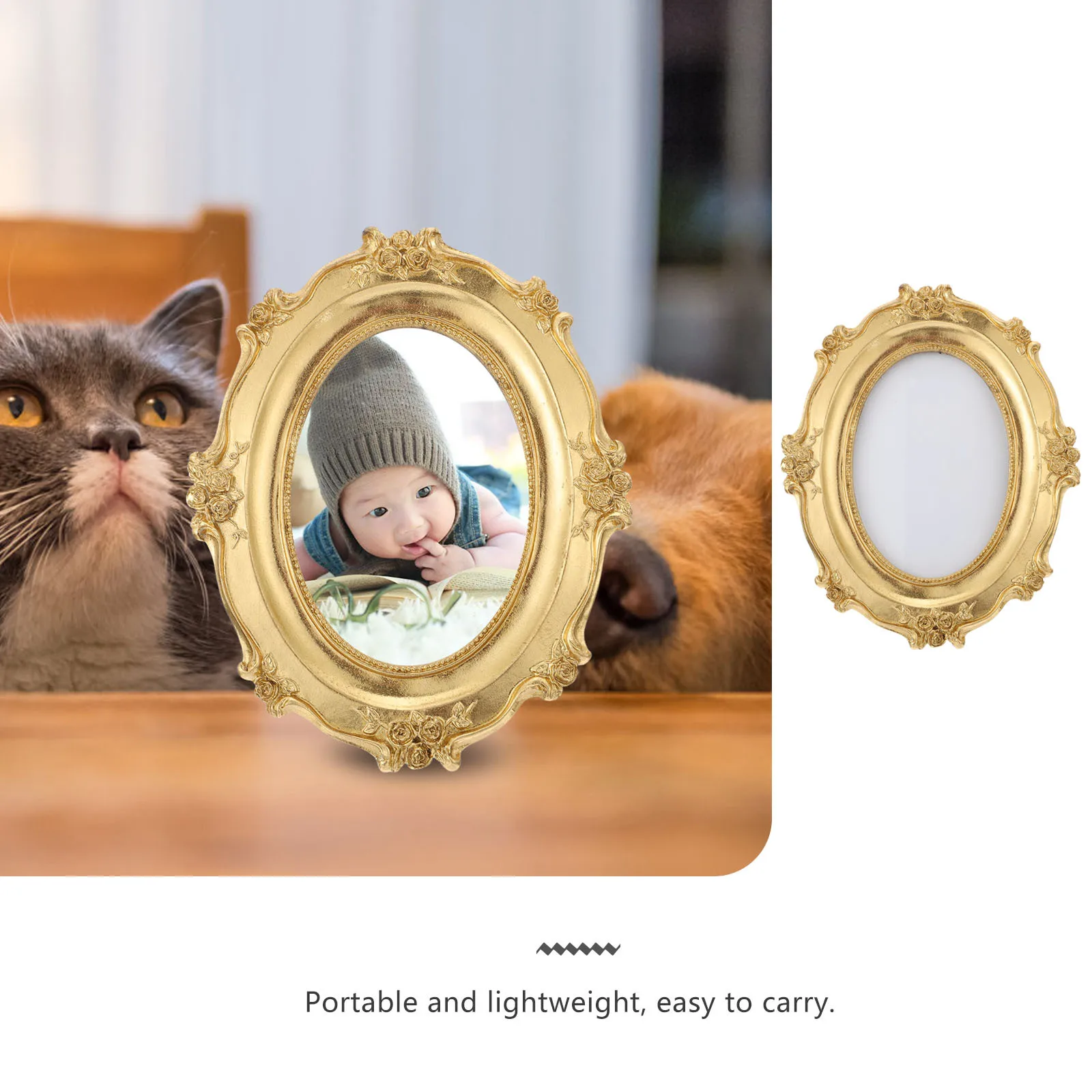 

1pcs Retro Gold Resin Oval Photo Frame Vintage Picture Holder Home Decor Desktop Ornament Wall Display Creative Frame