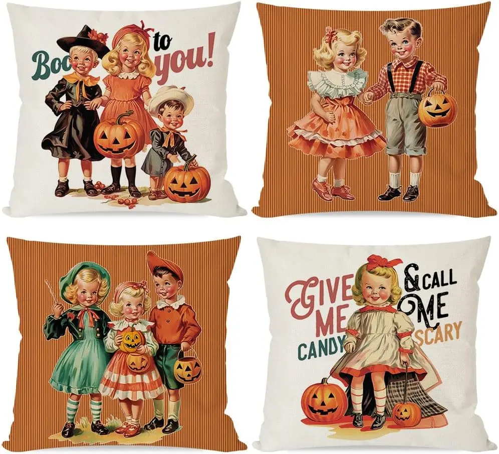 

Vintage Halloween Throw Pillow Covers 18x18 Inch Boys Girls Jack O Lantern Pumpkin Orange Fall Decorations Indoor Decorative