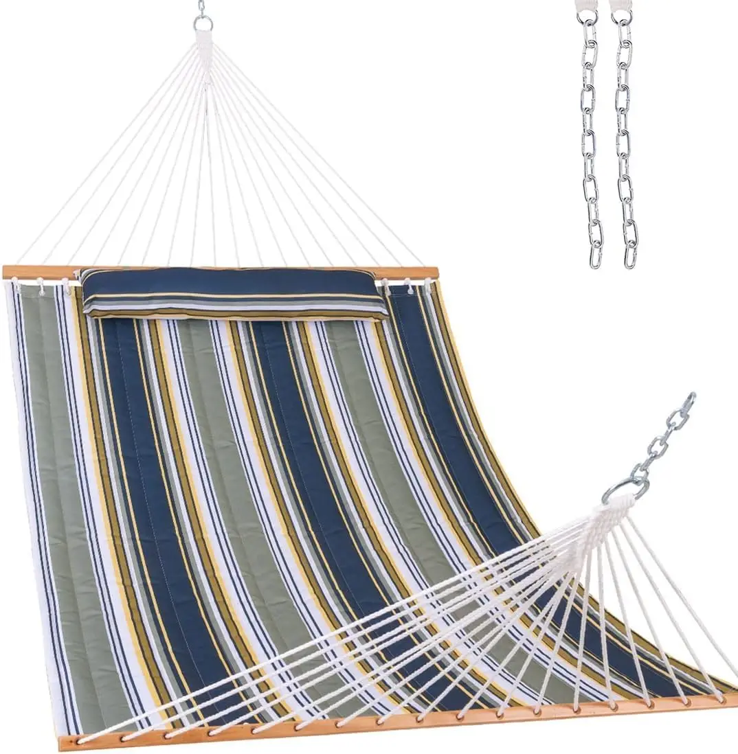 

12 FT Quilted Fabric Double Hammock with Spreader Bars and Detachable Pillow, 450lbs Weight Capacity