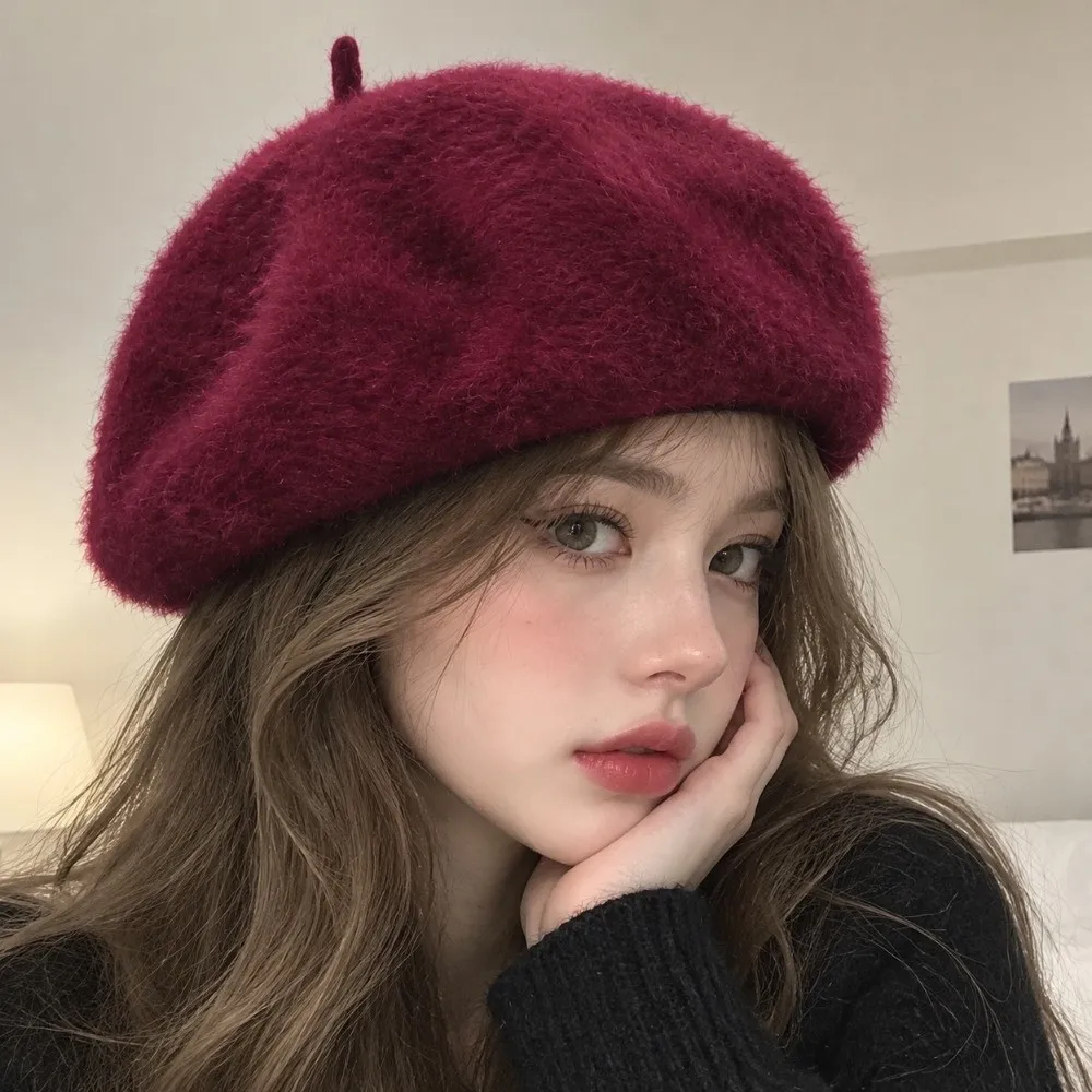 Newsboy Hat Solid Color Faux Mink Beret Soft Furry Pumpkin Painter Cap Flat Top Warm Plush Octagonal Cap Dating