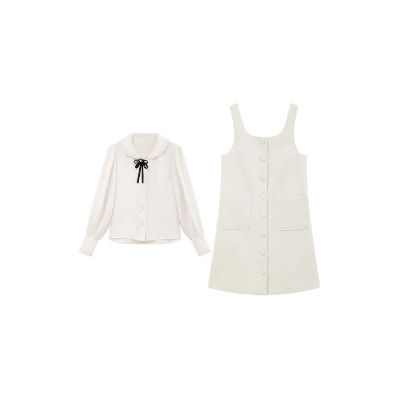 Elegant Two-Piece Dress Set for Women Sleeveless Button Vest Dress with Bow Collar Blouse Sweet Preppy Style Outfit for Autumn