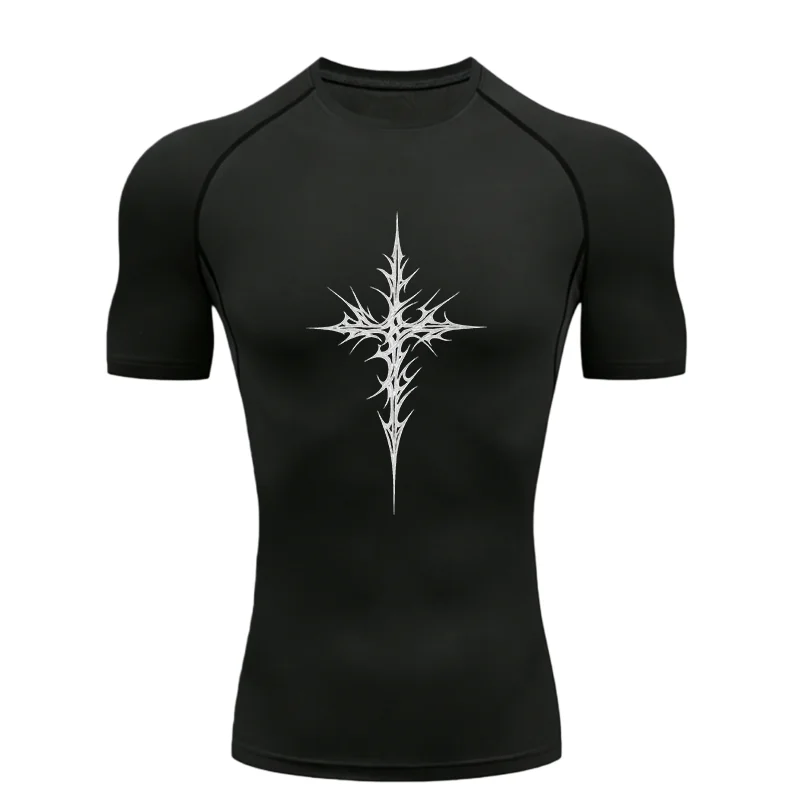 Spiked Cross Design 2026 Men Sports T-shirt Training Fitness Compression Workout T-Shirt Quick Dry Short Sleeve T-Shirt For Men