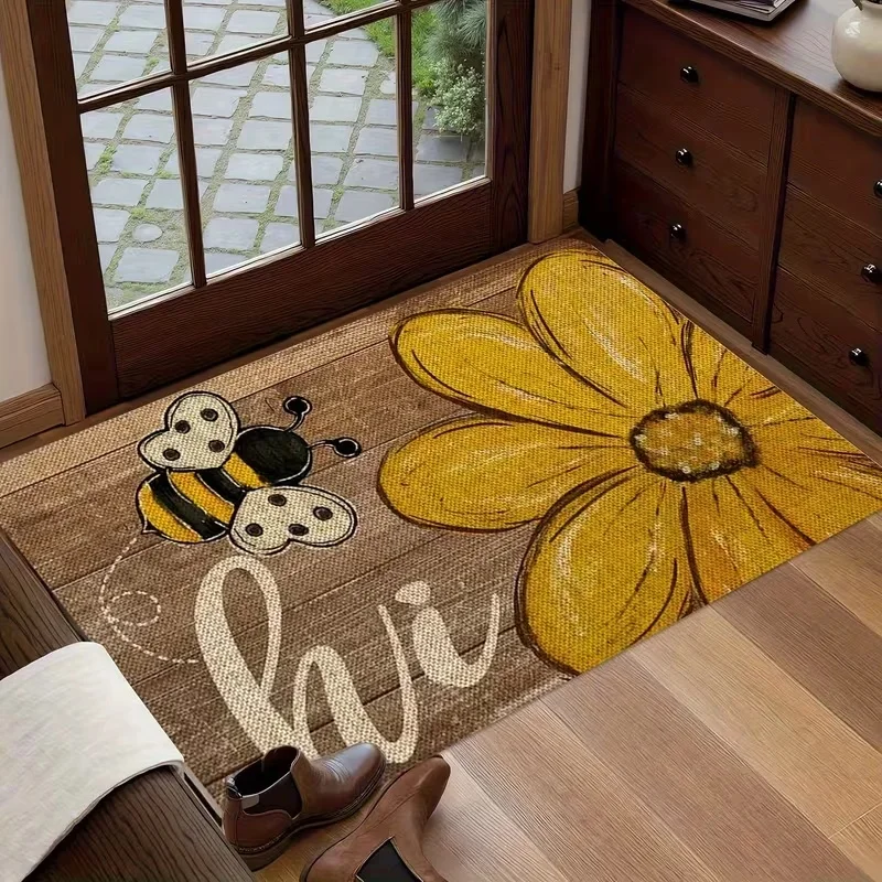 VIKAMA Vintage Bee Sunflower Doormat Wooden Grain Hello Print Water Absorbent Non Slip Entrance Welcome Floor Rug