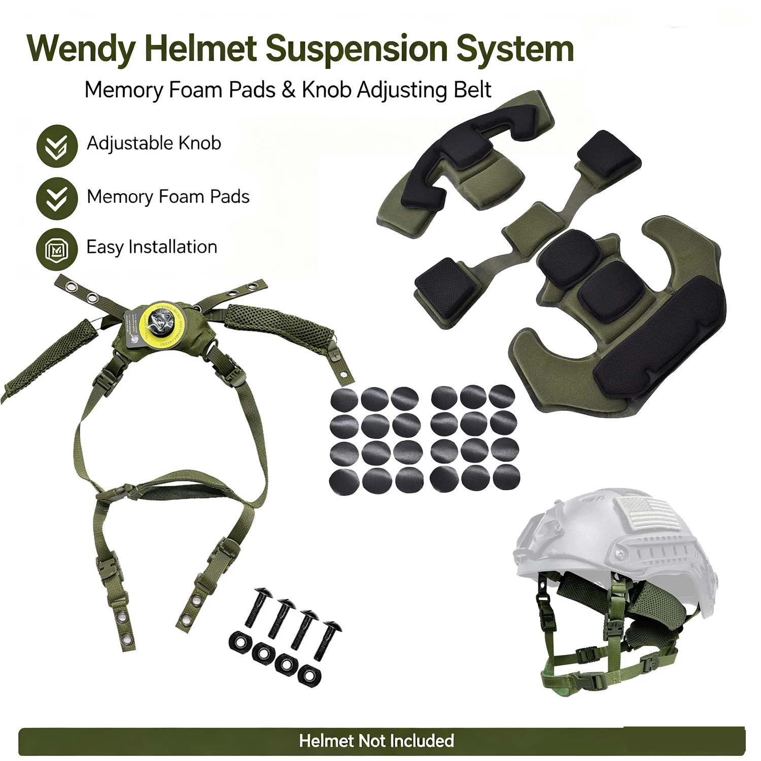 Wendy Helmet Suspension System Upgrade Kit, Knob Adjusting Belt with Gen1 Memory Foam Pads for FAST MICH ACH Helmet, No Helmet