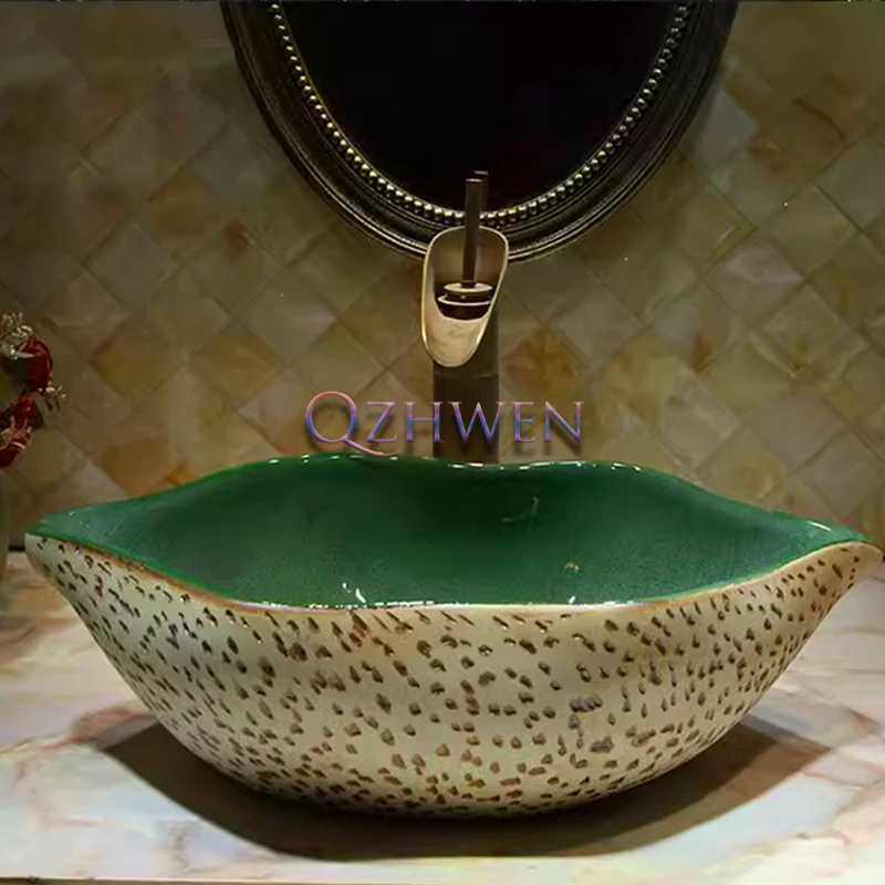 L51*W32cm Bathroom Sink Retro Leaf Ceramic Washbasin Personality Special Shape Countertop Art Basin Chinese Style Vessel Sink