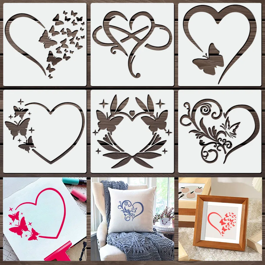 6 Stück 7,9 Zoll Herz- und Schmetterlings-Schablonen, wiederverwendbare Malvorlagen für Wand, Leinwand, Stoff, DIY, Scrapbooking, Dekor