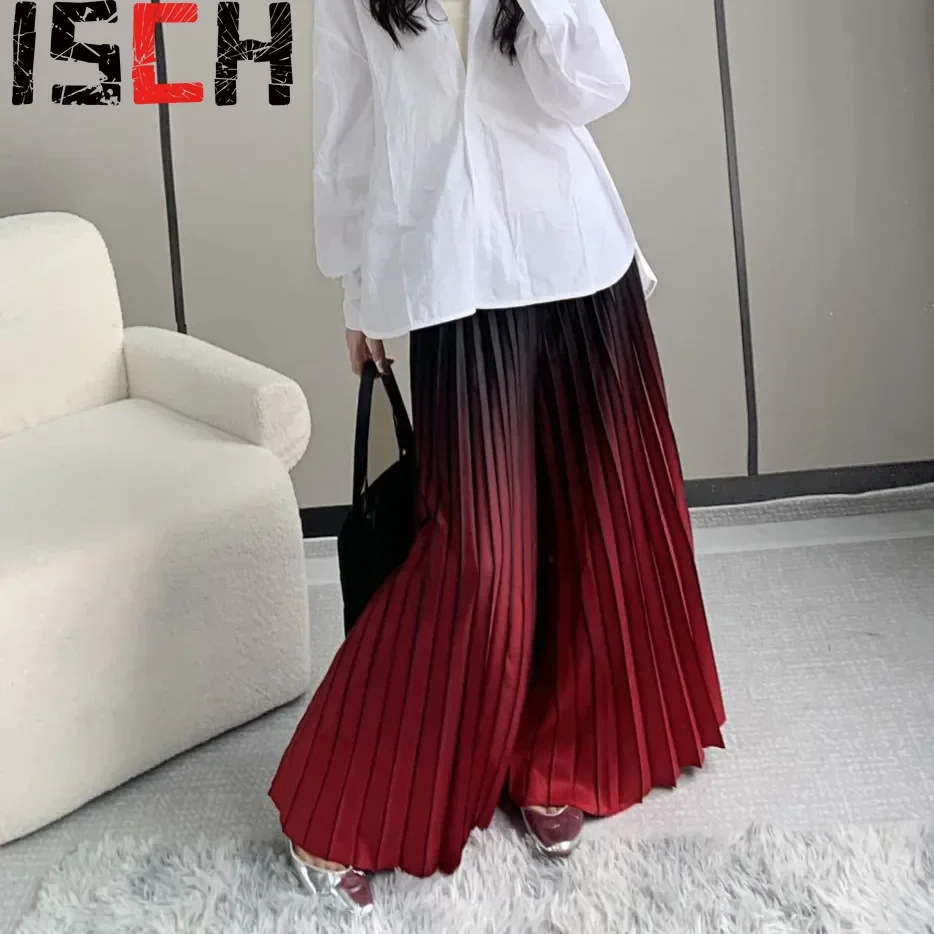 Pleats Pleated Wide Leg Pants Draped Gradient Color Casual Pants Women 2024 New Long Skirt Casual High Waist Rainbow Pants