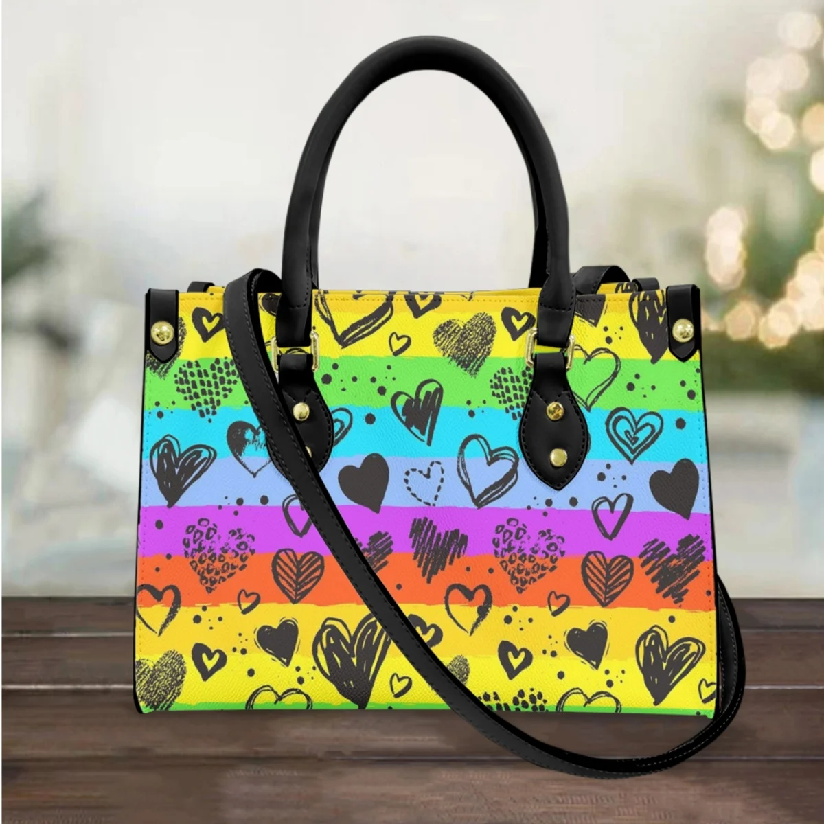 

FORUDESIGNS Stylish Leather Handle Bags Women Rainbow Heart Print Shoulder Handbags Crossbody Tote Bags For Ladies Luxury