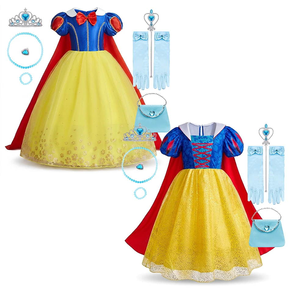 Kids Fairy Tale Cosplay Dress Yellow Tulle Party Gown Set with Cape and Toy Accessories for Girls Birthday and Stage Performance
