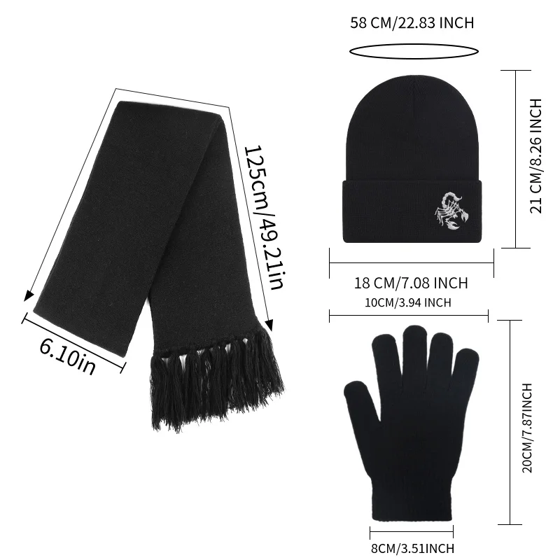 【3Pcs Knit Beanie Scarf Gloves Set】Adult Scorpion Embroidery Knit Hat, Winter Outdoor, Punk Street Halloween Gift