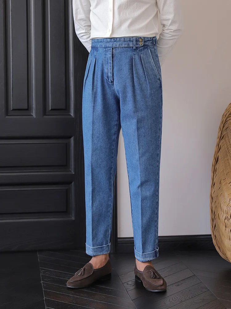 Calças Jeans Masculinas de Cintura Alta Estilo Britânico Napolitano, Calças Ocidentais de Perna Reta com Bainha Dobrada Estil...