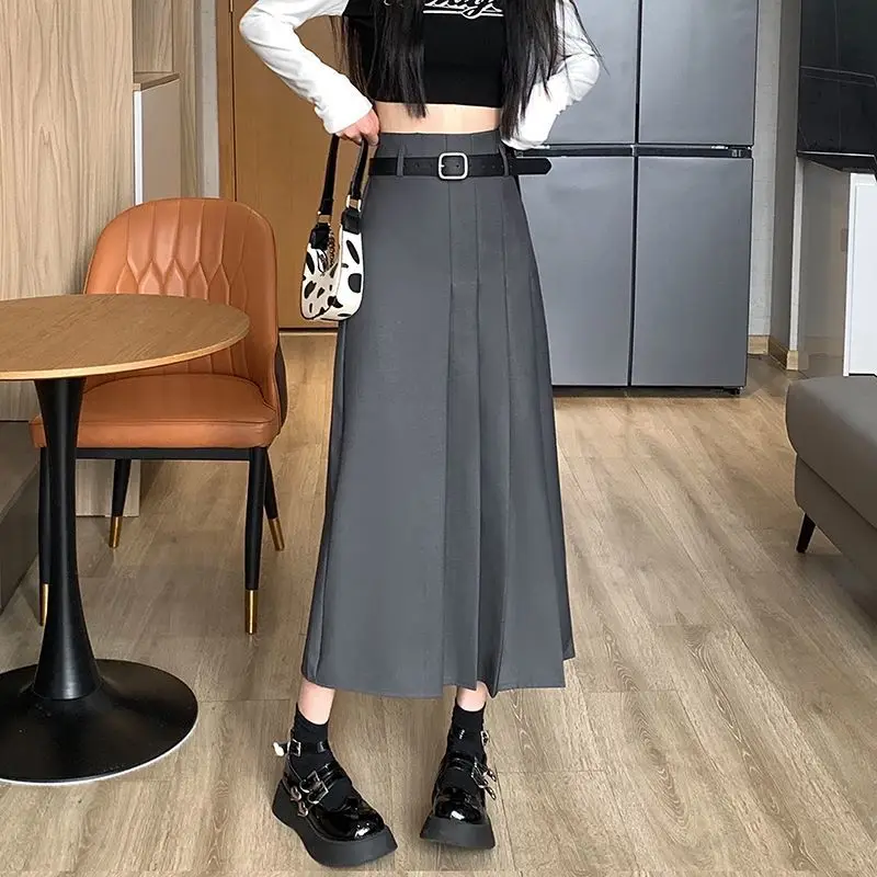 Grey Suit Half Skirt Women's Plus Size High Waist Slimming Pleated Skirt Hanging A-line Mid Length Skirt