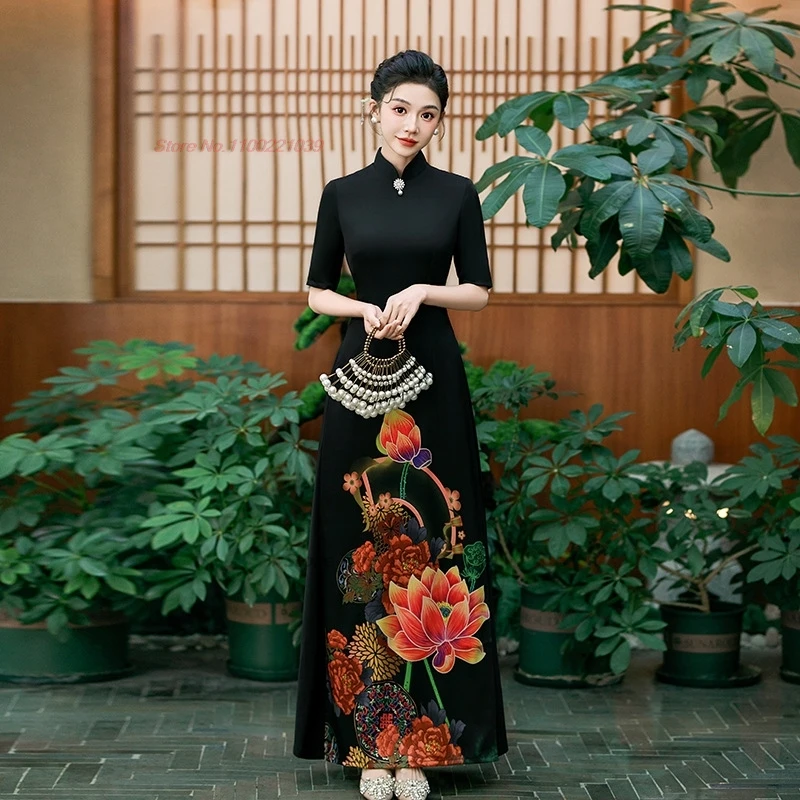 

2025 vietnam traditional dress aodai chinese improved qipao national flower print cheongsam dress retro evening banquet dress