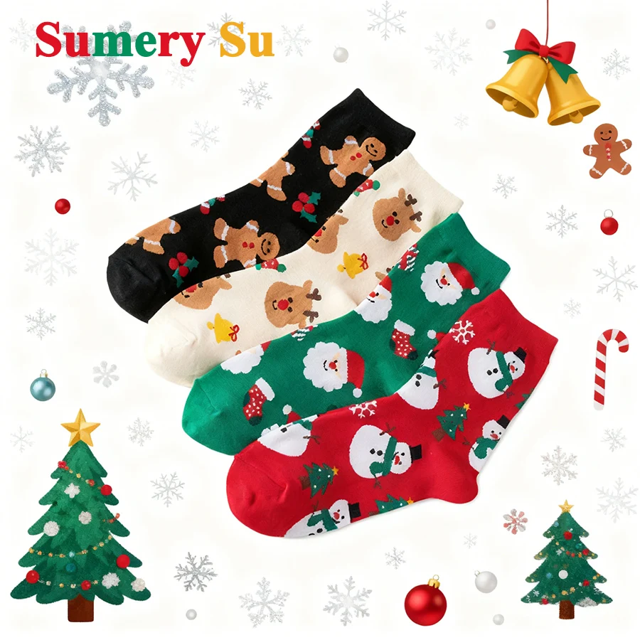 

4 Pairs/Lot Christmas Socks Women Cute Long Cotton Casual Funny Merry Christmas Pattern Creative Girls Cartoon Christmas Gifts
