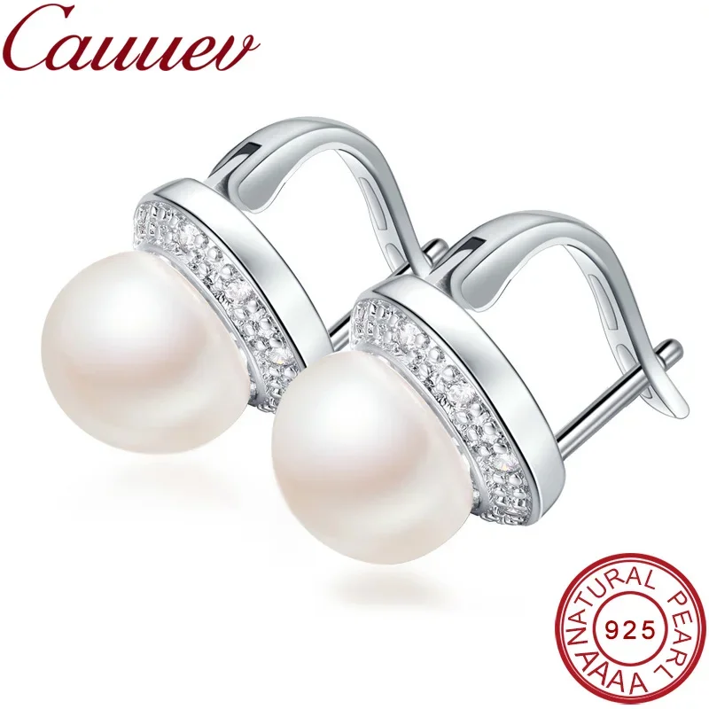 AAAA Top Quality 100% Natural Freshwater Pearl Stud Earrings For Women Fashion Elegant Party Zircon 925 Sterling Silver Jewelry