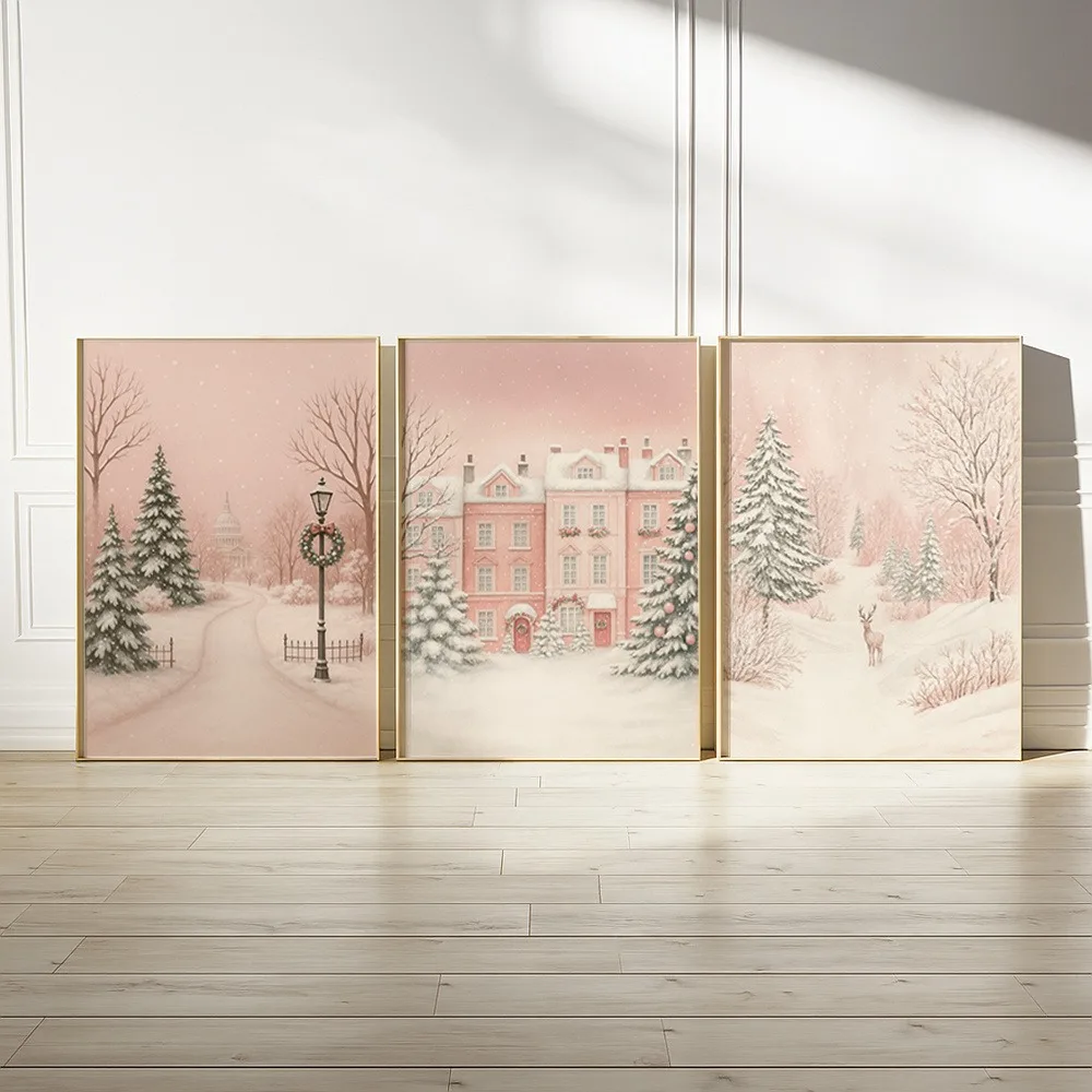 3pcs Frameless, Pink Winter Town Landscape Canvas Poster Igloo Forest Deer Wall Art Living Room Bedroom Home Art Decoration